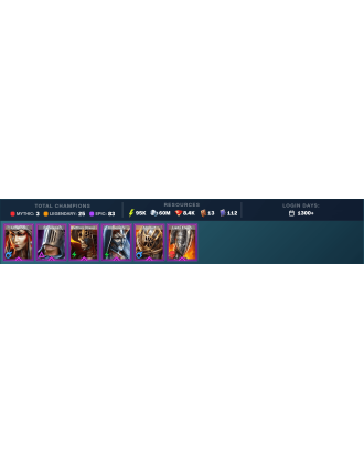 Hierophant Lazarius Mythical | 25 Legend | 85 Epic | 8.5K Gems | 96K Energy | 1300+ Days [Nell Blackteeth | Kurosa | Ninja]