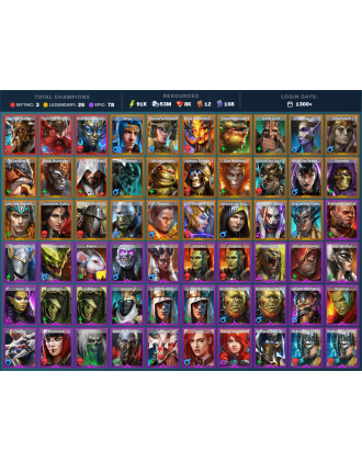 Alaz Mythical | 26 Legend | 79 Epic | 8.2K Gems | 92K Energy | 1300+ Days [Arachoa Moonspinner | Frolni | Ninja | Trunda | Rae]