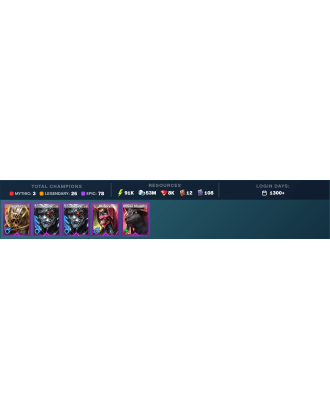 Alaz Mythical | 26 Legend | 79 Epic | 8.2K Gems | 92K Energy | 1300+ Days [Arachoa Moonspinner | Frolni | Ninja | Trunda | Rae]