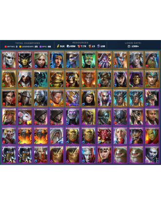 Arbais Mythical | 25 Legend | 68 Epic | 7.8K Gems | 91K Energy | 1300+ Days [Joan the Luminant | Aphidus the Hivelord | Ninja]