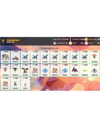 Legendary: 83 | Shiny: 143 | Hundo: 86 | ShinyLegend: 3 [Level: 60 | Stardust: 3.03m | Team: Instinct]