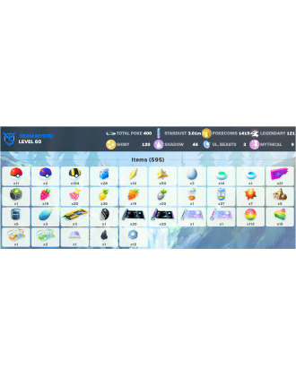 Legendary: 121 | Shiny: 120 | ShinyLegend: 7 [Level: 60 | Stardust: 3.02m | Team: Mystic]