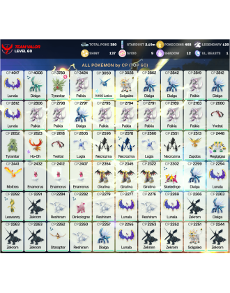 Legendary: 120 | Shiny: 137 | Hundo: 9 | ShinyLegend: 3 [Level: 60 | Stardust: 2.19m | Team: Valor]