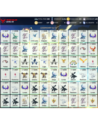 Legendary: 120 | Shiny: 137 | Hundo: 9 | ShinyLegend: 3 [Level: 60 | Stardust: 2.19m | Team: Valor]