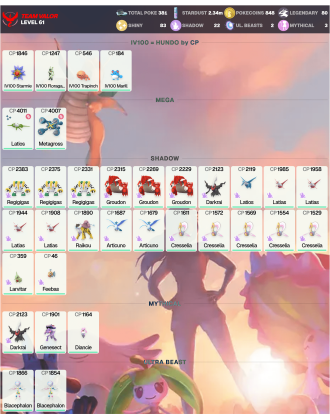 Legendary: 80 | Shiny: 83 | ShinyLegend: 4 [Level: 61 | Stardust: 2.35m | Team: Valor]
