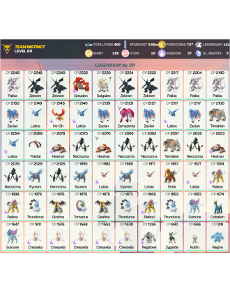 Legendary: 121 | Shiny: 128 | Hundo: 10 | ShinyLegend: 9 [Level: 60 | Stardust: 3.56m | Team: Instinct]