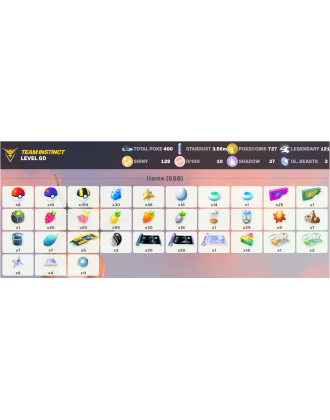 Legendary: 121 | Shiny: 128 | Hundo: 10 | ShinyLegend: 9 [Level: 60 | Stardust: 3.56m | Team: Instinct]