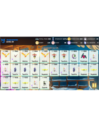 Legendary: 85 | Shiny: 124 | Hundo: 88 | ShinyLegend: 2 [Level: 60 | Stardust: 2.97m | Team: Mystic]