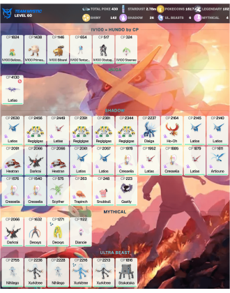 Legendary: 102 | Shiny: 142 | ShinyLegend: 4 [Level: 60 | Stardust: 2.79m | Team: Mystic]