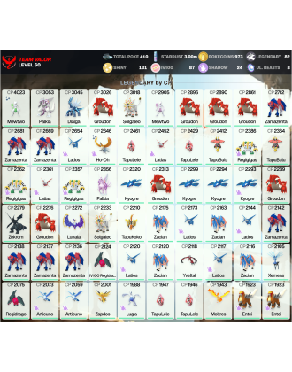 Legendary: 82 | Shiny: 131 | Hundo: 87 | ShinyLegend: 3 [Level: 60 | Stardust: 3.01m | Team: Valor]