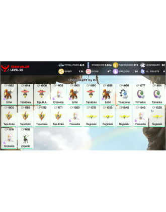 Legendary: 82 | Shiny: 131 | Hundo: 87 | ShinyLegend: 3 [Level: 60 | Stardust: 3.01m | Team: Valor]
