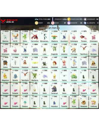 Legendary: 82 | Shiny: 131 | Hundo: 87 | ShinyLegend: 3 [Level: 60 | Stardust: 3.01m | Team: Valor]