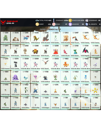 Legendary: 82 | Shiny: 131 | Hundo: 87 | ShinyLegend: 3 [Level: 60 | Stardust: 3.01m | Team: Valor]