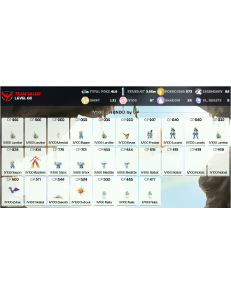Legendary: 82 | Shiny: 131 | Hundo: 87 | ShinyLegend: 3 [Level: 60 | Stardust: 3.01m | Team: Valor]