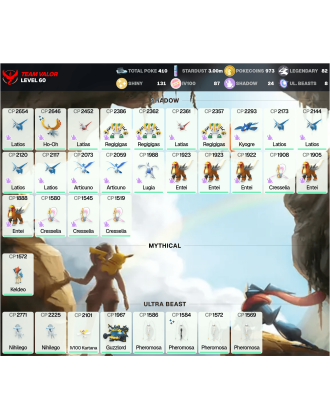 Legendary: 82 | Shiny: 131 | Hundo: 87 | ShinyLegend: 3 [Level: 60 | Stardust: 3.01m | Team: Valor]