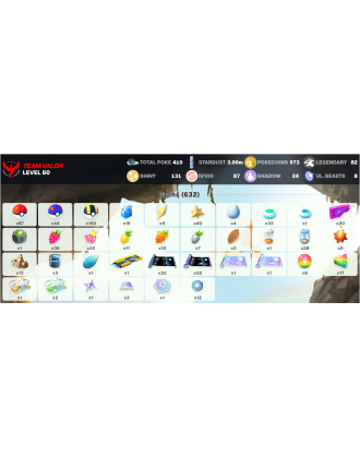 Legendary: 82 | Shiny: 131 | Hundo: 87 | ShinyLegend: 3 [Level: 60 | Stardust: 3.01m | Team: Valor]