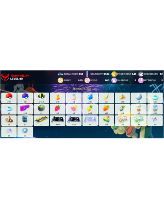 Legendary: 92 | Shiny: 109 | Hundo: 100 | ShinyLegend: 5 [Level: 49 | Stardust: 960.5k | Team: Valor]