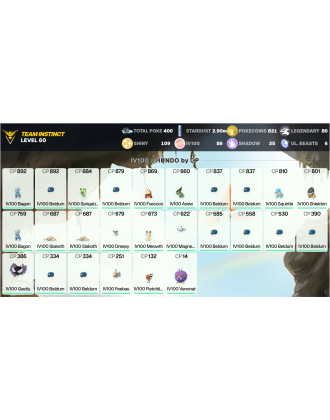 Legendary: 80 | Shiny: 109 | Hundo: 86 | ShinyLegend: 5 [Level: 60 | Stardust: 2.91m | Team: Instinct]