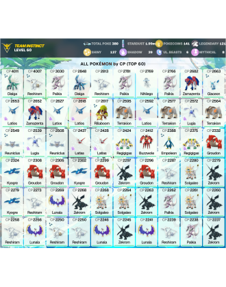 Legendary: 121 | Shiny: 137 | ShinyLegend: 11 [Level: 60 | Stardust: 2m | Team: Instinct]