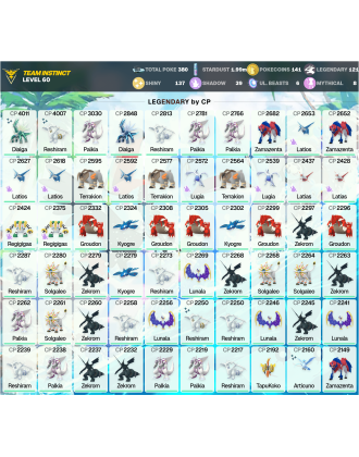 Legendary: 121 | Shiny: 137 | ShinyLegend: 11 [Level: 60 | Stardust: 2m | Team: Instinct]