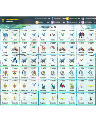 Legendary: 121 | Shiny: 137 | ShinyLegend: 11 [Level: 60 | Stardust: 2m | Team: Instinct]
