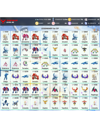 Legendary: 82 | Shiny: 117 | Hundo: 83 | ShinyLegend: 6 [Level: 60 | Stardust: 3.33m | Team: Valor]