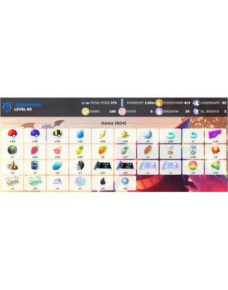Legendary: 82 | Shiny: 100 | Hundo: 8 | ShinyLegend: 3 [Level: 60 | Stardust: 2.61m | Team: Mystic]
