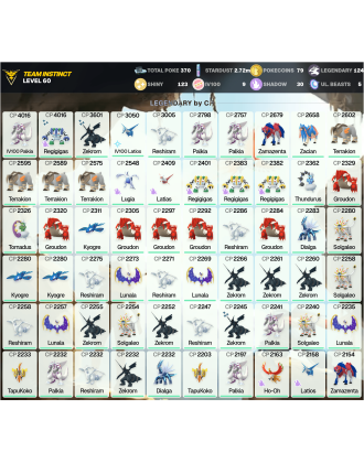 Legendary: 124 | Shiny: 123 | Hundo: 9 | ShinyLegend: 4 [Level: 60 | Stardust: 2.73m | Team: Instinct]
