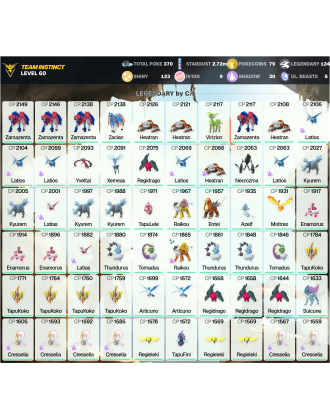 Legendary: 124 | Shiny: 123 | Hundo: 9 | ShinyLegend: 4 [Level: 60 | Stardust: 2.73m | Team: Instinct]