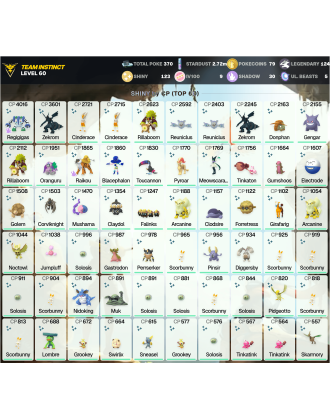 Legendary: 124 | Shiny: 123 | Hundo: 9 | ShinyLegend: 4 [Level: 60 | Stardust: 2.73m | Team: Instinct]