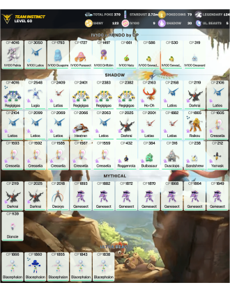 Legendary: 124 | Shiny: 123 | Hundo: 9 | ShinyLegend: 4 [Level: 60 | Stardust: 2.73m | Team: Instinct]