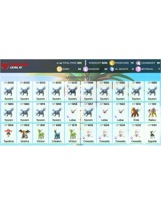 Legendary: 90 | Shiny: 92 | ShinyLegend: 4 [Level: 47 | Stardust: 920.3k | Team: Valor]