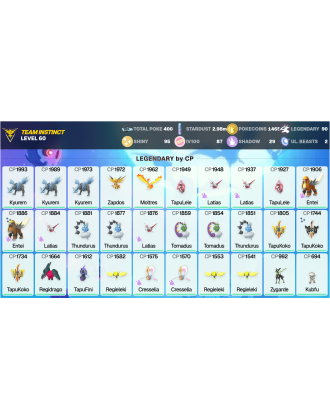 Legendary: 90 | Shiny: 95 | Hundo: 87 | ShinyLegend: 6 [Level: 60 | Stardust: 2.98m | Team: Instinct]