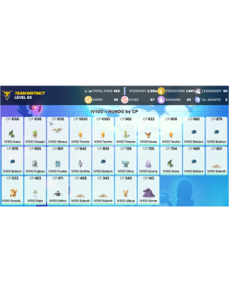 Legendary: 90 | Shiny: 95 | Hundo: 87 | ShinyLegend: 6 [Level: 60 | Stardust: 2.98m | Team: Instinct]
