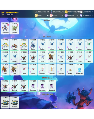 Legendary: 90 | Shiny: 95 | Hundo: 87 | ShinyLegend: 6 [Level: 60 | Stardust: 2.98m | Team: Instinct]