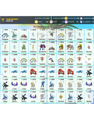Legendary: 122 | Shiny: 141 | Hundo: 9 | ShinyLegend: 9 [Level: 60 | Stardust: 2.37m | Team: Instinct]