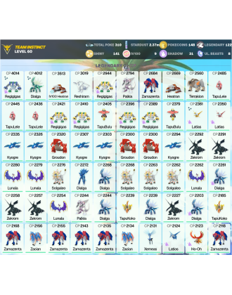 Legendary: 122 | Shiny: 141 | Hundo: 9 | ShinyLegend: 9 [Level: 60 | Stardust: 2.37m | Team: Instinct]