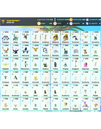 Legendary: 122 | Shiny: 141 | Hundo: 9 | ShinyLegend: 9 [Level: 60 | Stardust: 2.37m | Team: Instinct]