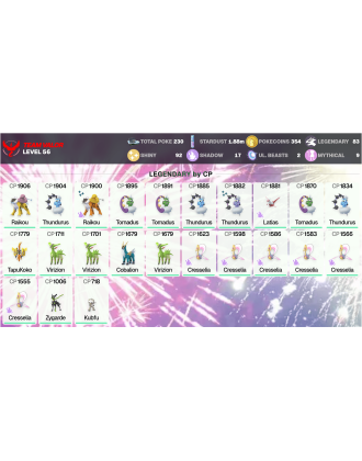 Legendary: 83 | Shiny: 92 | ShinyLegend: 5 [Level: 56 | Stardust: 1.88m | Team: Valor]