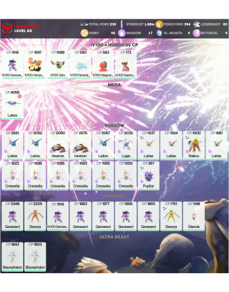 Legendary: 83 | Shiny: 92 | ShinyLegend: 5 [Level: 56 | Stardust: 1.88m | Team: Valor]