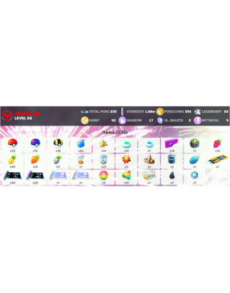 Legendary: 83 | Shiny: 92 | ShinyLegend: 5 [Level: 56 | Stardust: 1.88m | Team: Valor]