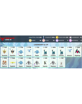 Legendary: 78 | Shiny: 86 | Hundo: 81 | ShinyLegend: 4 [Level: 46 | Stardust: 600.7k | Team: Valor]