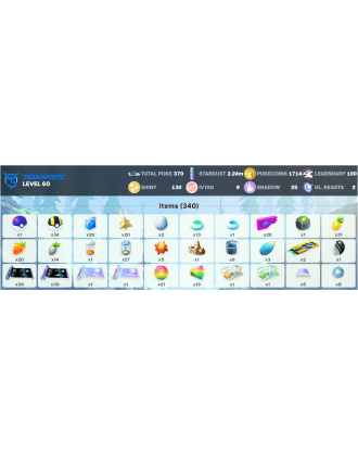 Legendary: 100 | Shiny: 130 | Hundo: 9 | ShinyLegend: 4 [Level: 60 | Stardust: 2.24m | Team: Mystic]