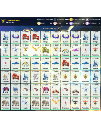Legendary: 80 | Shiny: 80 | Hundo: 83 | ShinyLegend: 7 [Level: 47 | Stardust: 648.1k | Team: Instinct]