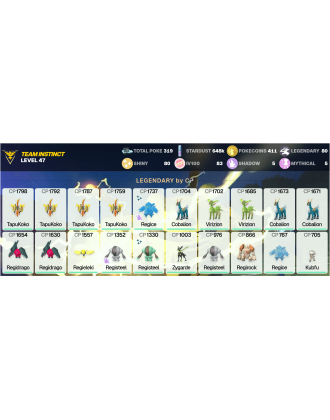 Legendary: 80 | Shiny: 80 | Hundo: 83 | ShinyLegend: 7 [Level: 47 | Stardust: 648.1k | Team: Instinct]