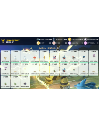 Legendary: 80 | Shiny: 80 | Hundo: 83 | ShinyLegend: 7 [Level: 47 | Stardust: 648.1k | Team: Instinct]