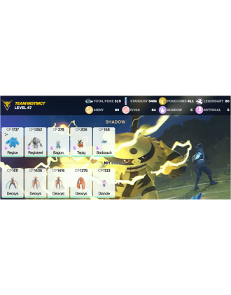 Legendary: 80 | Shiny: 80 | Hundo: 83 | ShinyLegend: 7 [Level: 47 | Stardust: 648.1k | Team: Instinct]