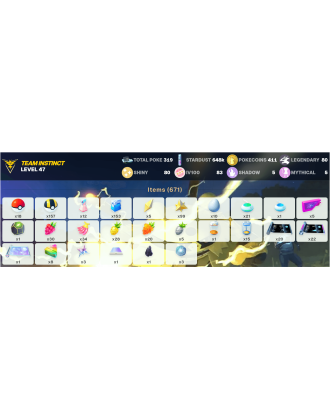 Legendary: 80 | Shiny: 80 | Hundo: 83 | ShinyLegend: 7 [Level: 47 | Stardust: 648.1k | Team: Instinct]