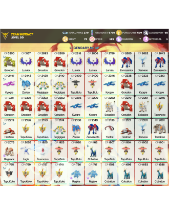 Legendary: 68 | Shiny: 70 | Hundo: 121 | ShinyLegend: 7 [Level: 50 | Stardust: 570.6k | Team: Instinct]