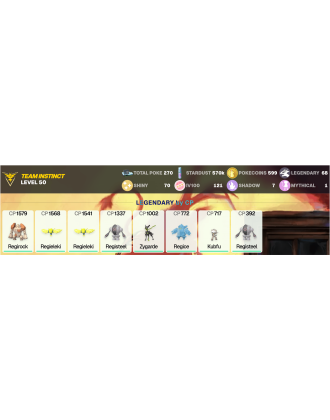 Legendary: 68 | Shiny: 70 | Hundo: 121 | ShinyLegend: 7 [Level: 50 | Stardust: 570.6k | Team: Instinct]